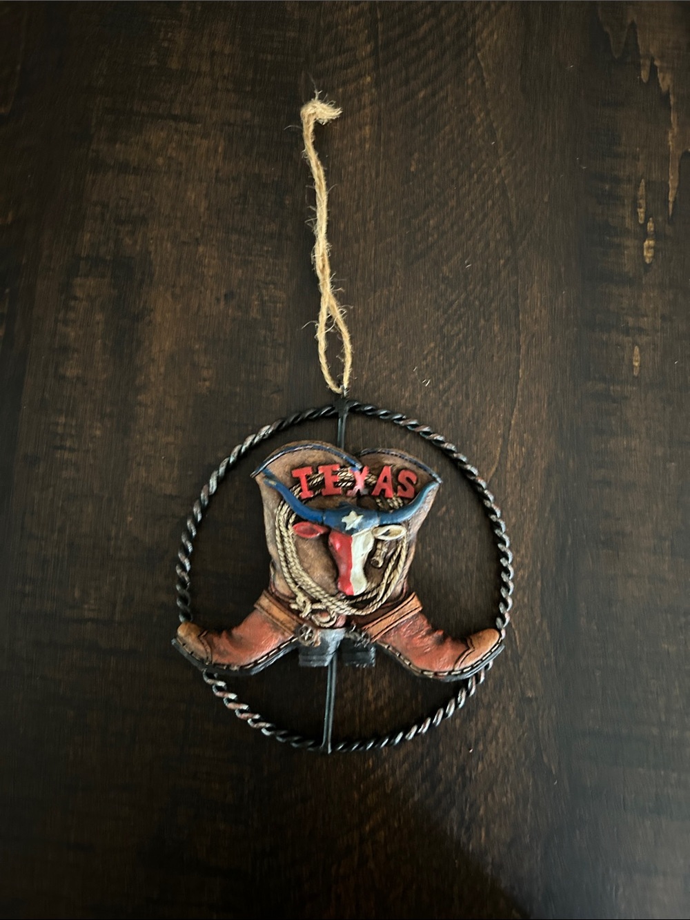 Texas Cowboy Boot & Hat Hanging Ornament - Red, Blue, Brown